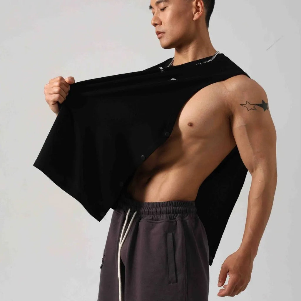 Korean style men's loose fit fitness vest with hidden hook side openings in solid cotton fabric
