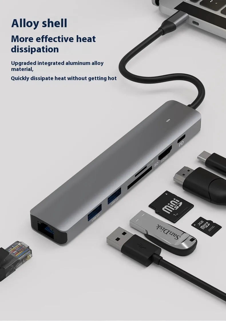LQT-LH07 7-in-1 USB-C multi-port hub with card reader slots, HDMI, and USB ports.