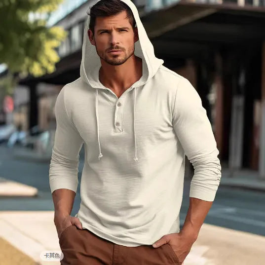 Casual cotton pullover hoodie in multiple colours, showing long sleeves and hood, sized for European and American fit.