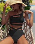 Women's one-shoulder high waist T-back swimsuit in solid colour showing hollow split detail