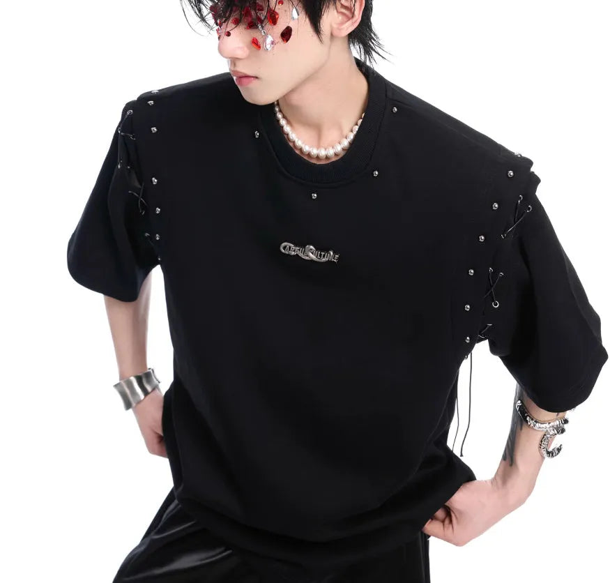 Deconstructed lace-up cutout short sleeve t-shirt in black or white, cotton-polyester blend