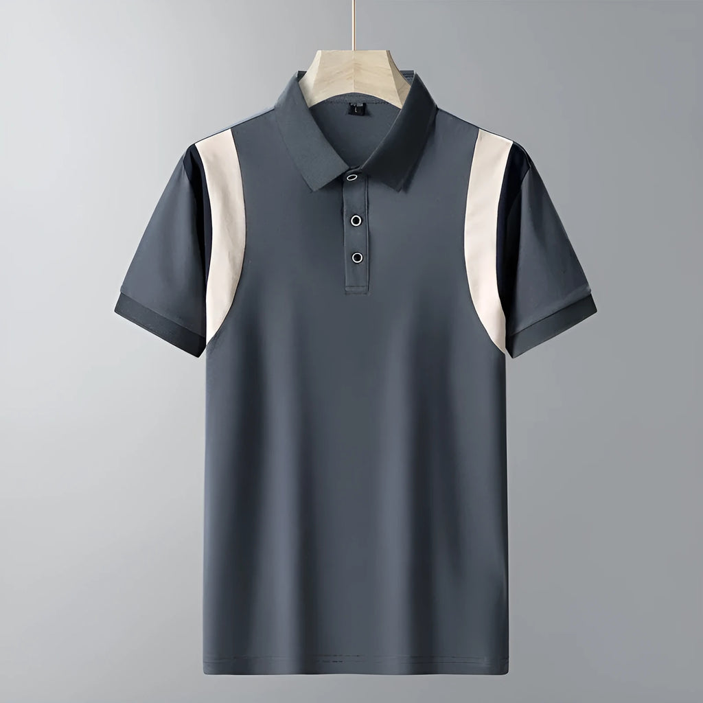 Men's striped thin cotton short sleeve t-shirt with lapel collar in loose Korean fit