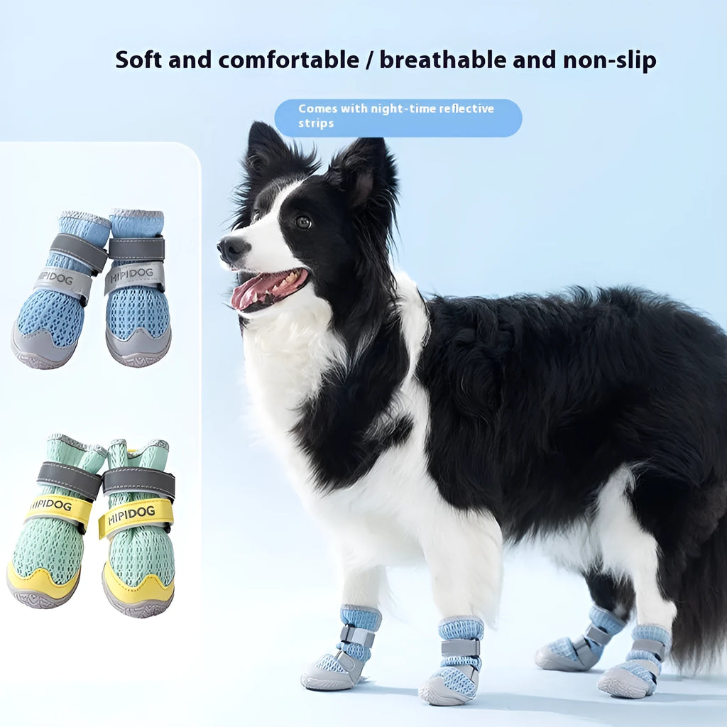 Cartoon style blue and green dog shoes for summer, showing breathable anti-scald design on a dog's paw.