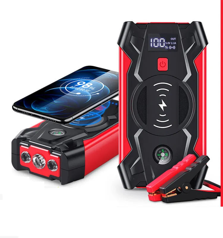 Red car emergency battery starter with digital display and air pump accessory