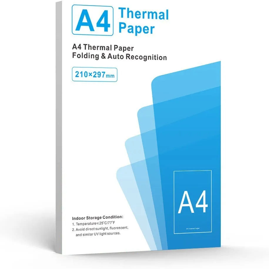 Pack of white A4 quick-drying thermal paper for portable printers, showing sheet size and packaging.