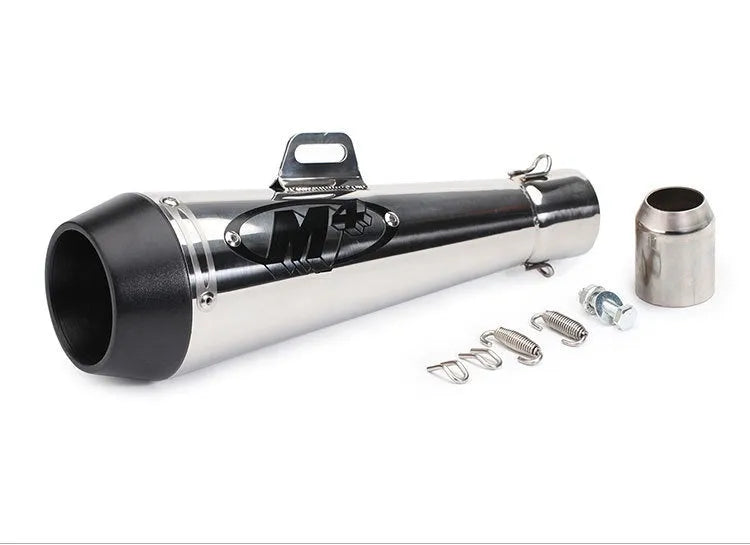 M4 universal motorcycle exhaust pipe in titanium, black and blue finish options