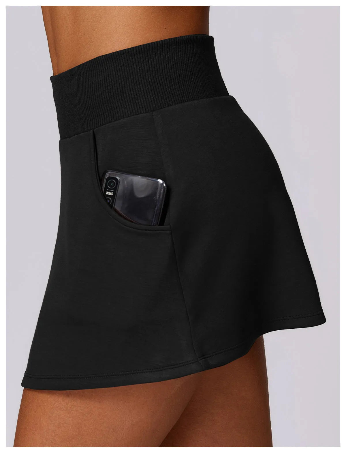 Women's high waist cotton blend sports tennis skirt in black with milk silk lining