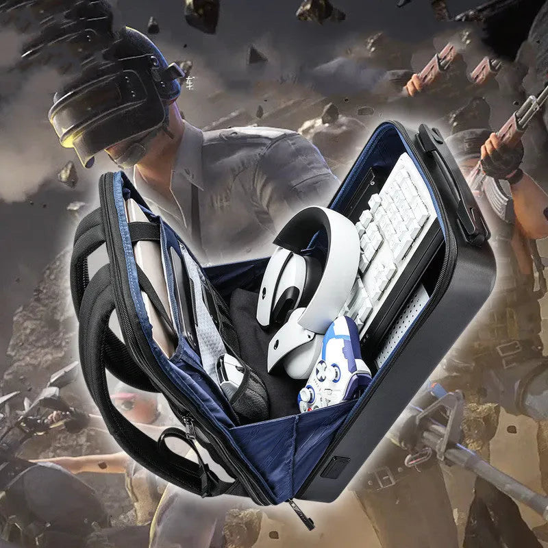 PC hard shell gaming backpack in black with anti-theft lock and structured internal pockets