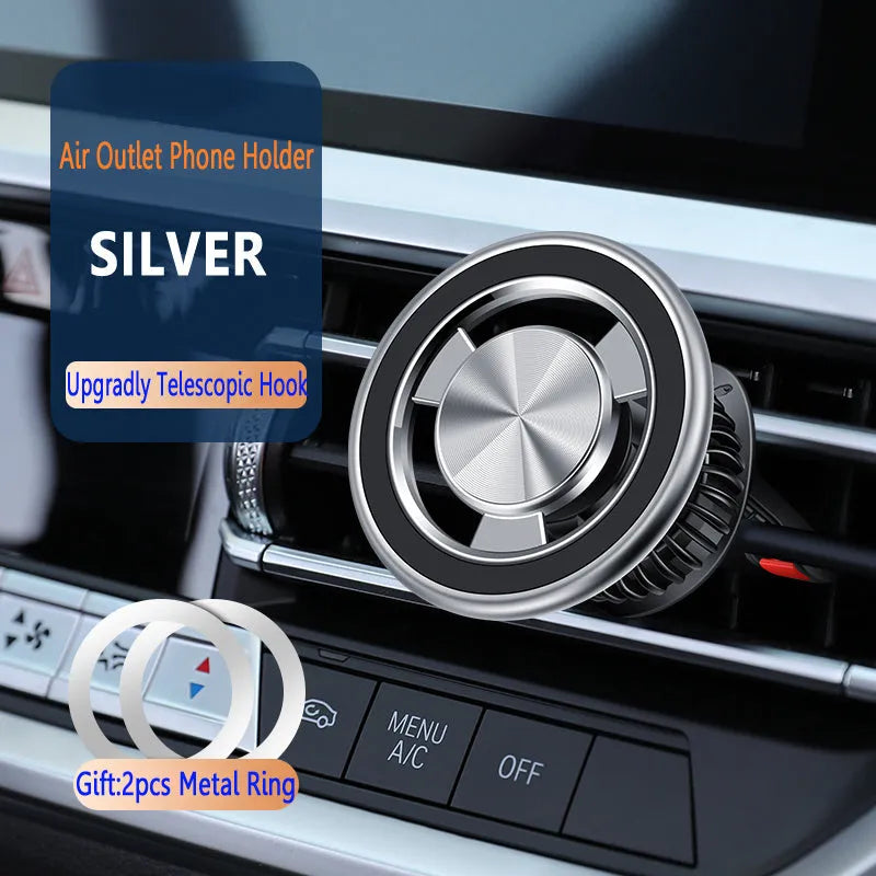 Car air vent magnetic phone holder with snap-on bracket and magnetic guide plate in black or silver colour
