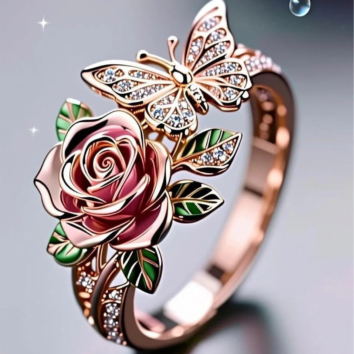 Adjustable butterfly personality ring with colourful oil drip finish showing rose and nature motifs