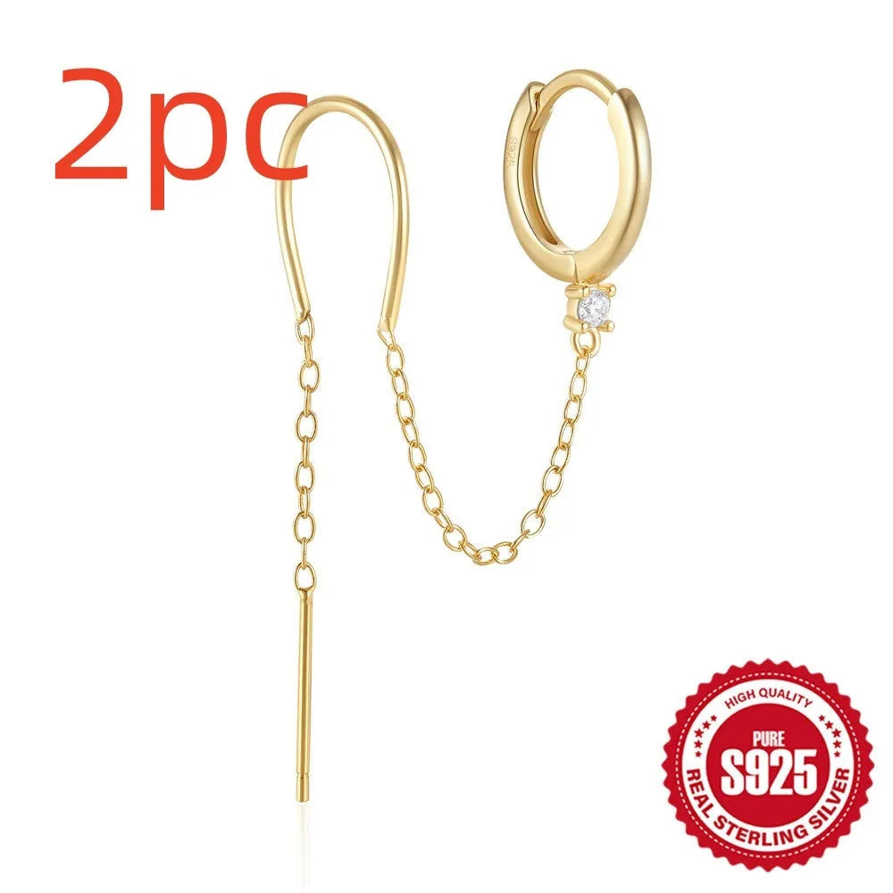 S925 sterling silver geometric flower tassel chain earring ear clip studs in golden colour