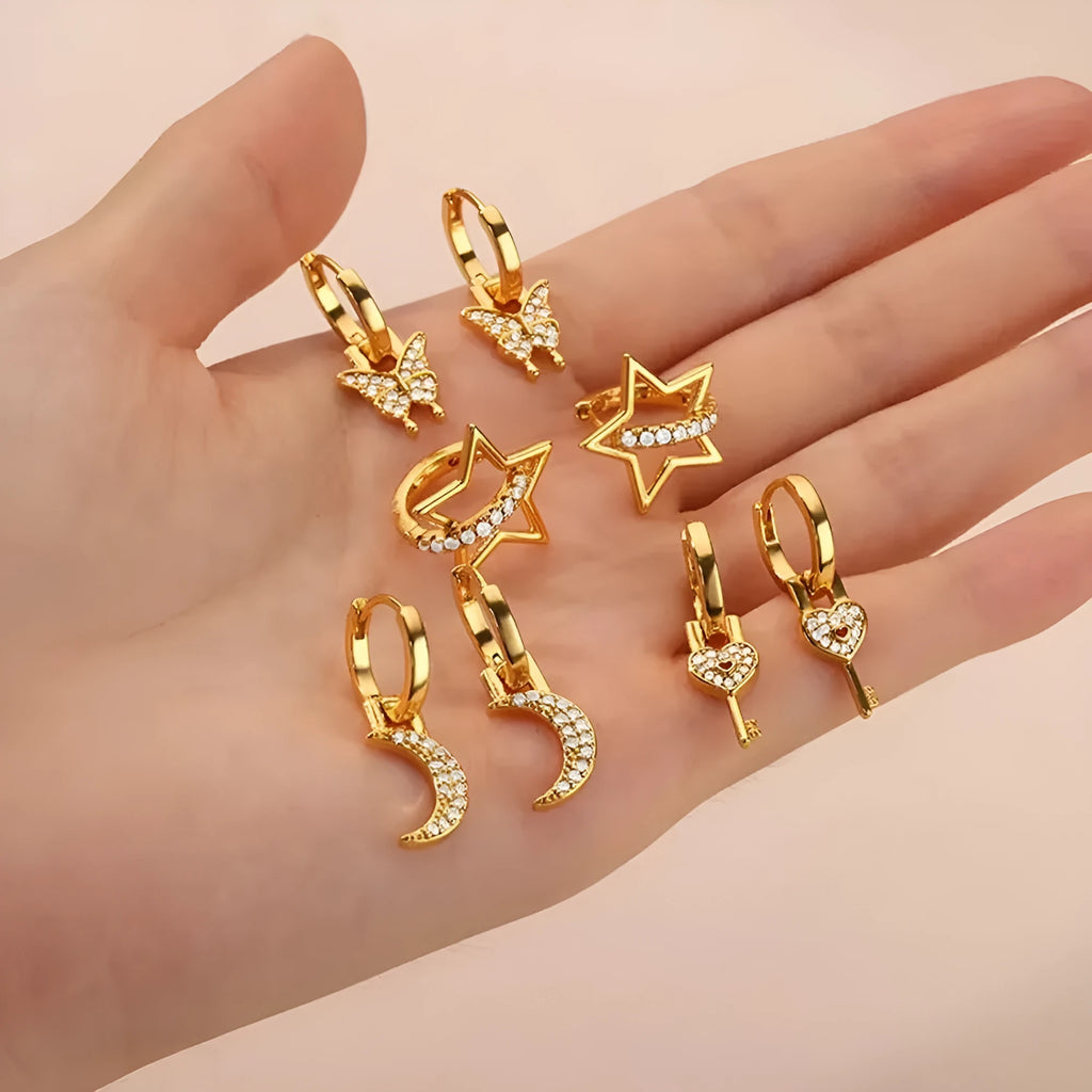 Women's geometric butterfly earrings with heart and star shapes in copper with diamond treatment