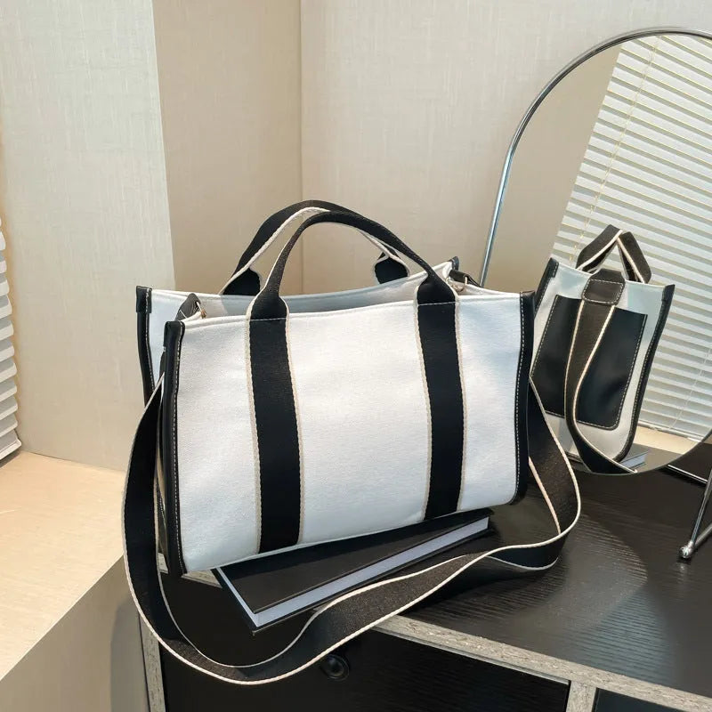 Canvas tote bag for women Korean style large capacity horizontal square shoulder bag in black with spliced design and open pocket