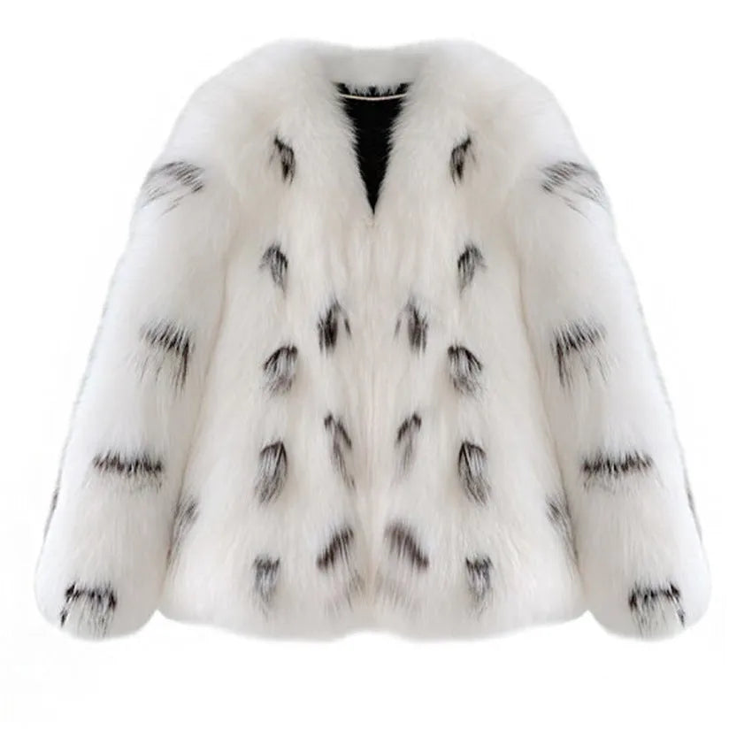 Women's plus size black and white raccoon print faux fur coat with Korean slim-fit design