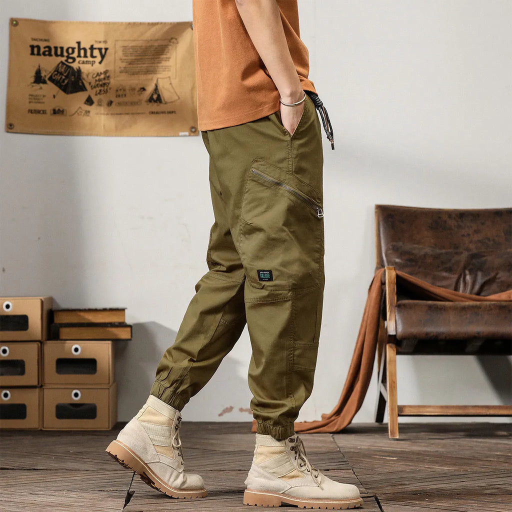 Men's tapered cotton harem pants in ankle-banded Korean style design