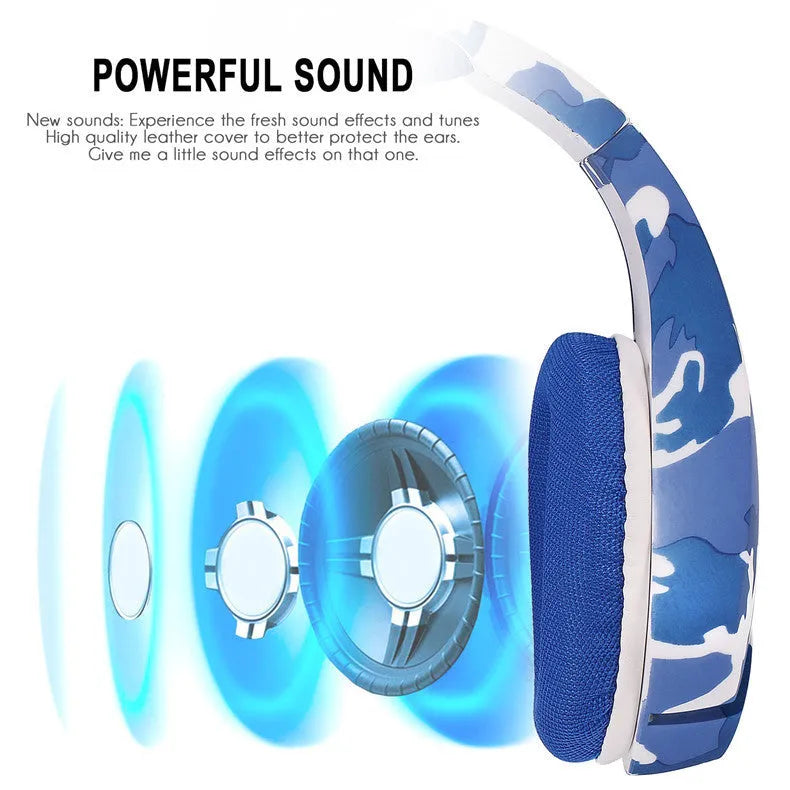 Wired gaming headset with cloth earmuffs and camouflage blue or white colour, showing 3.5mm jack and adapter cable