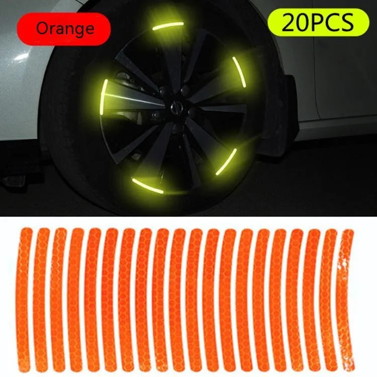 20-piece pack of multicoloured reflective PVC stickers for car and bicycle wheel hubs.