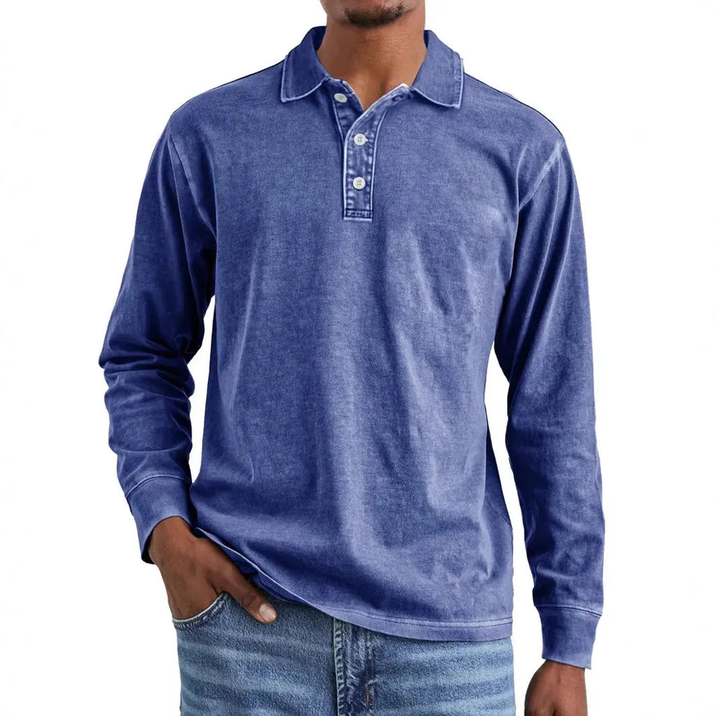 Man's retro washed distressed pure cotton long sleeve polo shirt with lapel collar in army green colour.