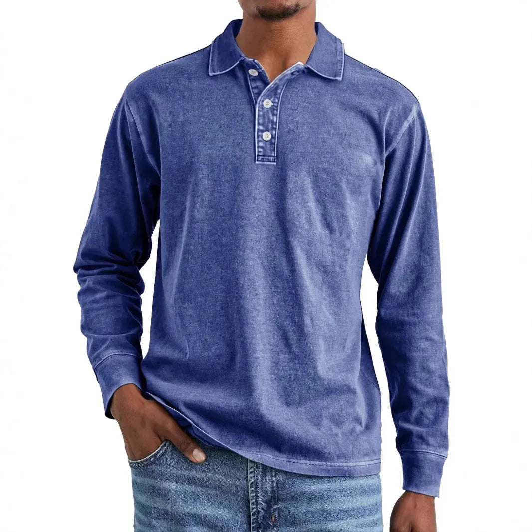 Man's retro washed distressed pure cotton long sleeve polo shirt with lapel collar in army green colour.
