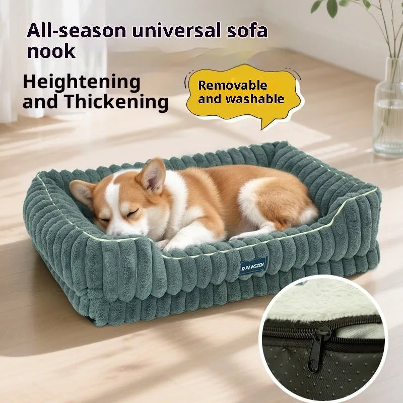 Striped rabbit fur pet bed in large square shape with removable cover for dogs
