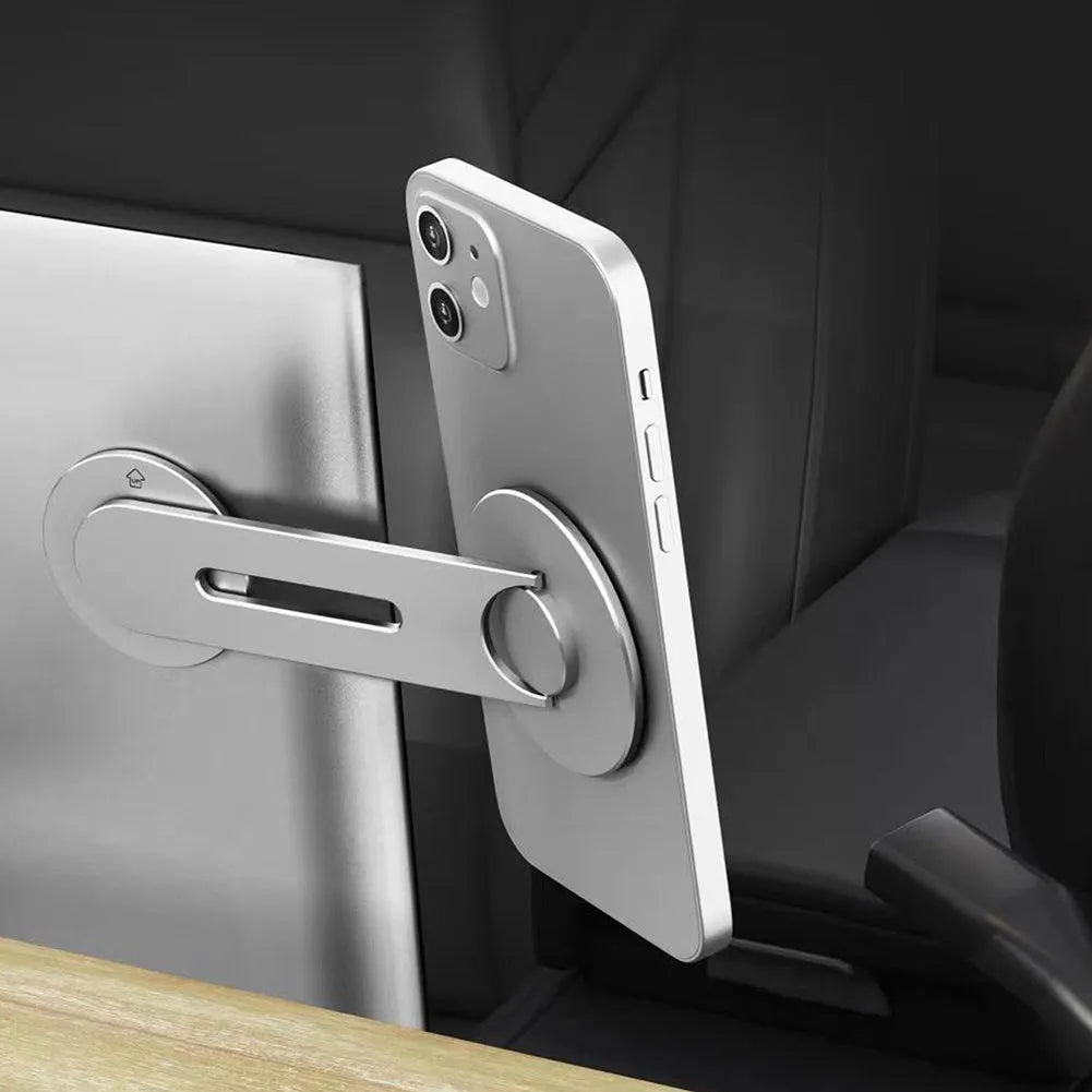 Silver aluminium alloy magnetic phone holder for Tesla centre screen, shown with dimensions.