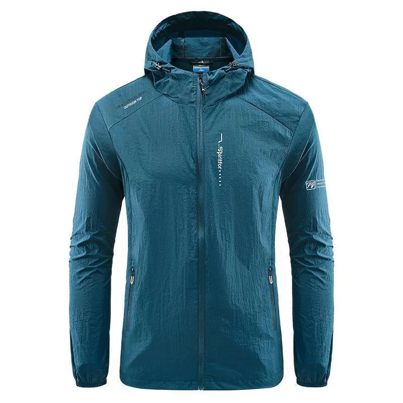 Men's lightweight grey summer hooded jacket on a hanger