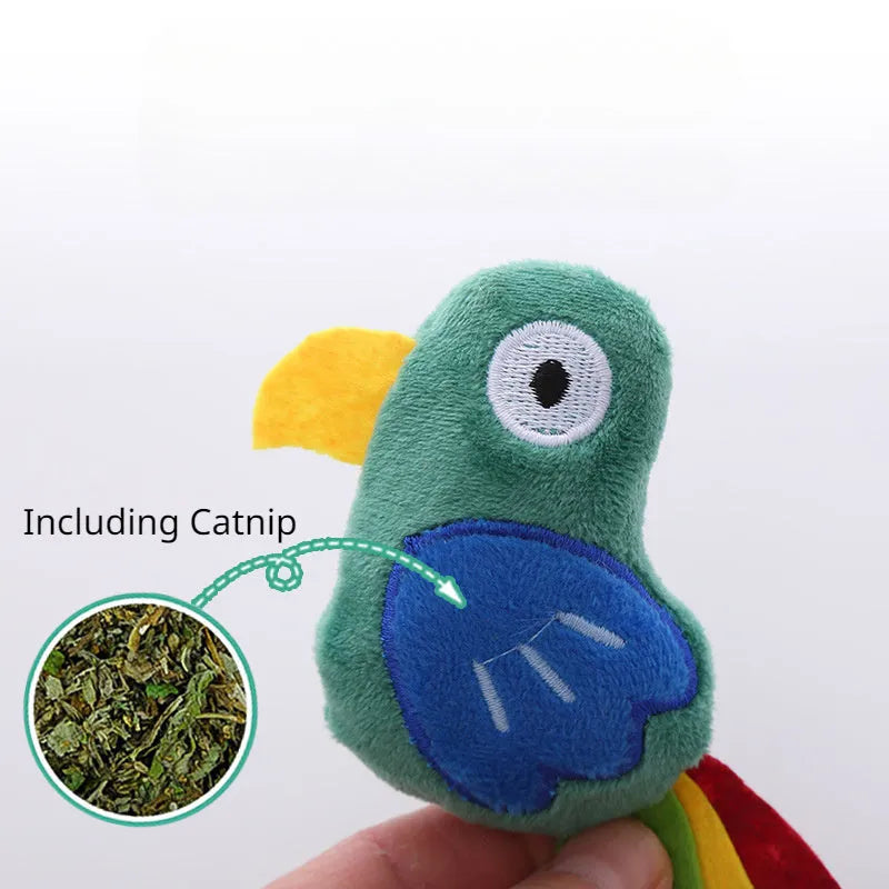 A plush cat toy in the shape of a cow, crocodile, or parrot, filled with catnip for interactive play.