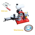Small manual sharpening machine for grinding teeth on alloy circular saw blades.