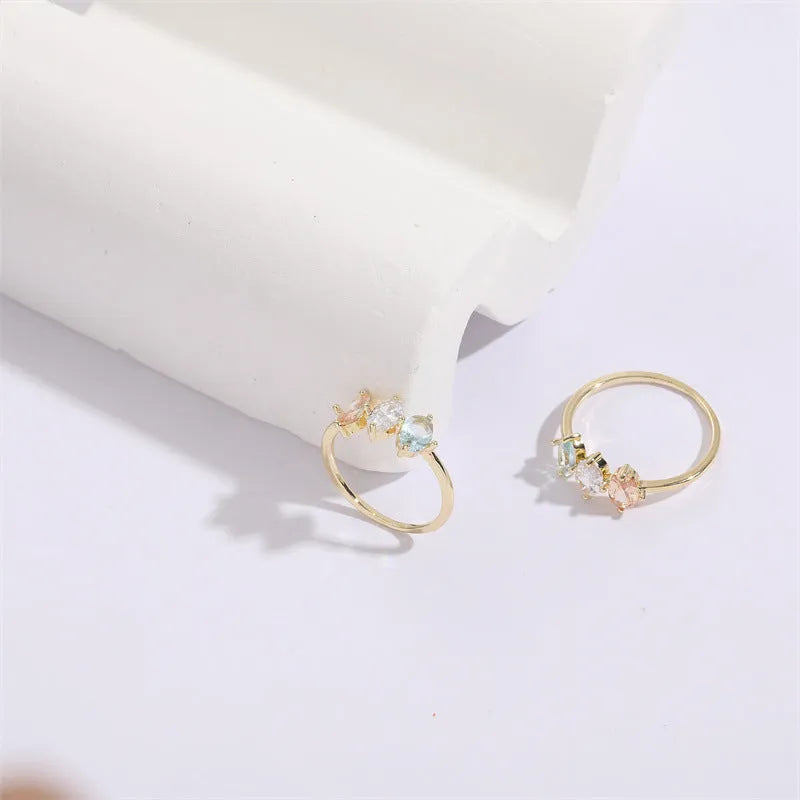 Mother's Day birthstone horse eye tricolour zircon ring with geometric triangle design in 14k gold colour