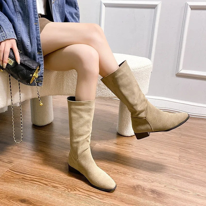 Women's pointed toe retro suede boots with thick heel below the knee in black