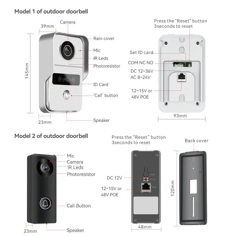 10-inch video intercom doorbell with outdoor camera unit and indoor display monitor