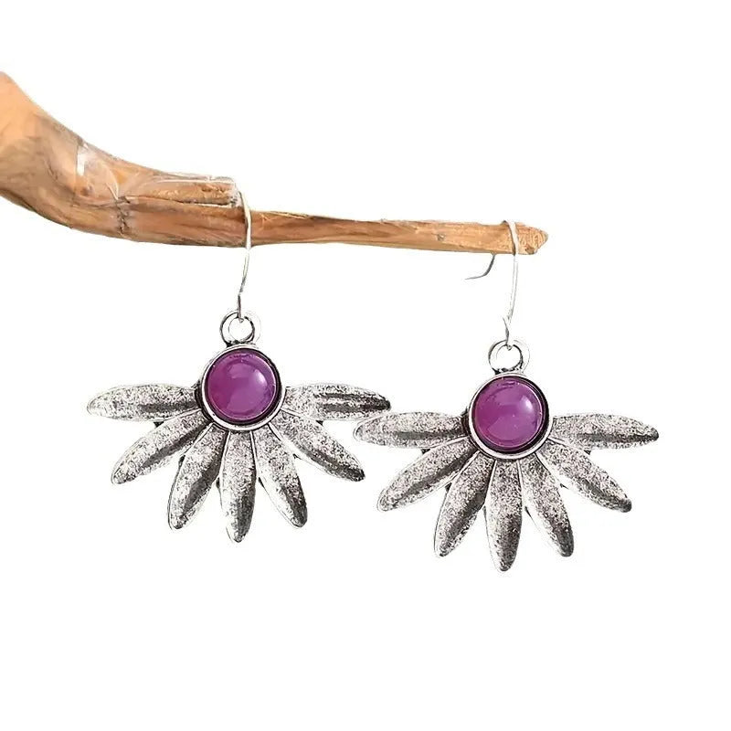 Purple resin gemstone drop earrings with retro bohemian animal design on alloy base