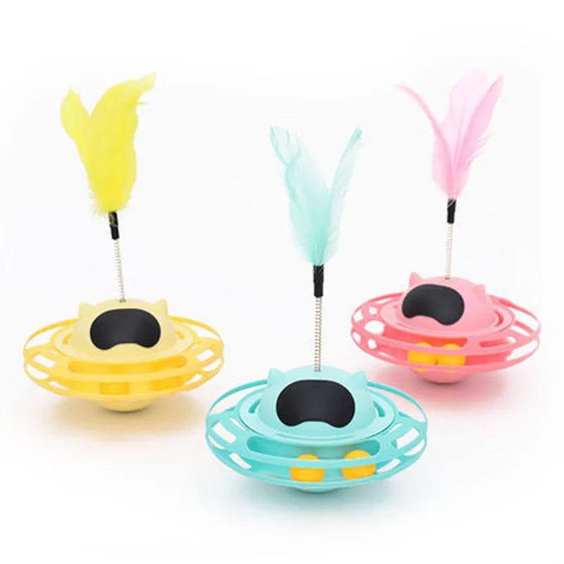Pink self-hi tumbler cat toy with turntable design and cat stick for interactive pet play