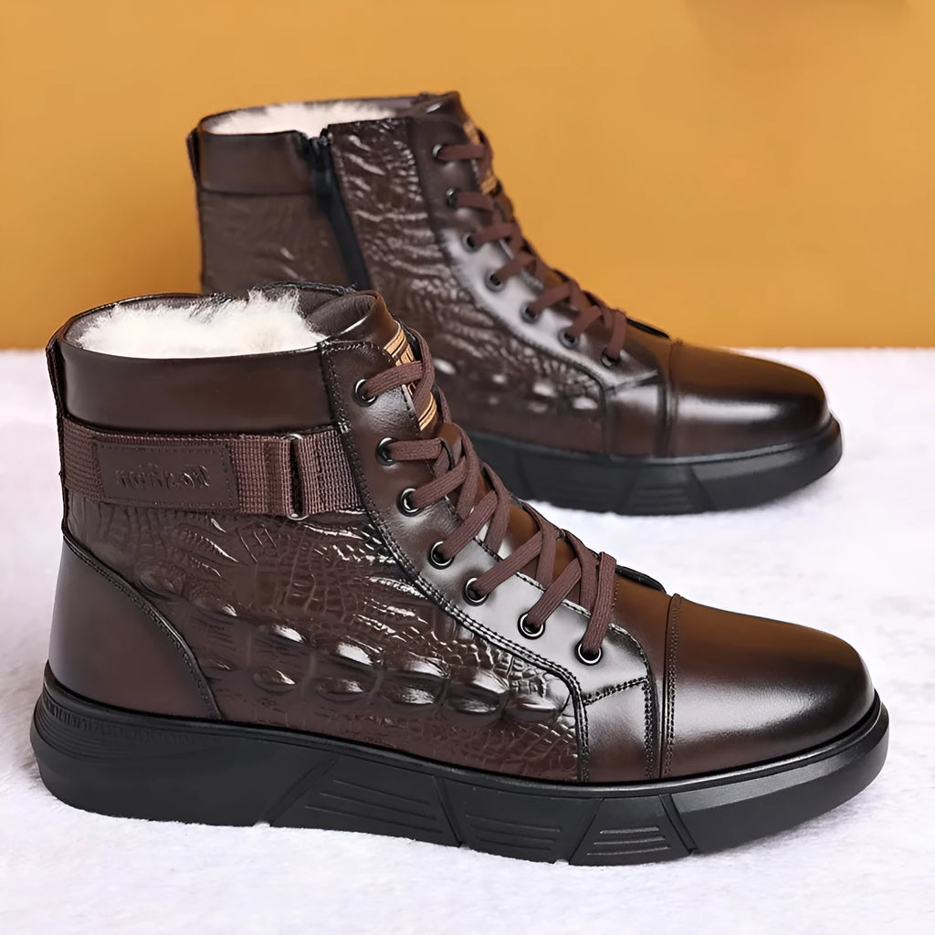 Black and brown velvet style snow boots with genuine leather upper and fur lining