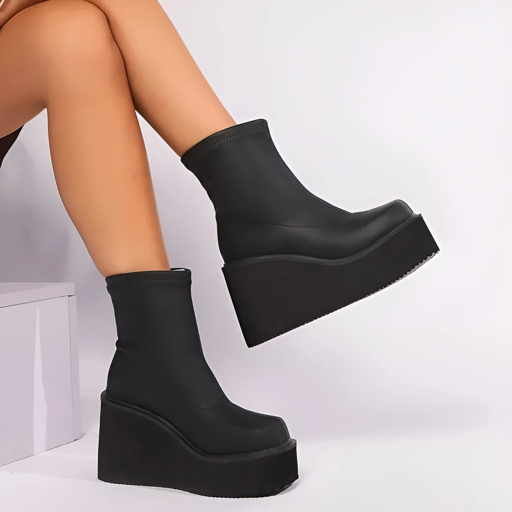 Black plus size women's wedge boots with 6-8CM heel, artificial PU upper and round toe design