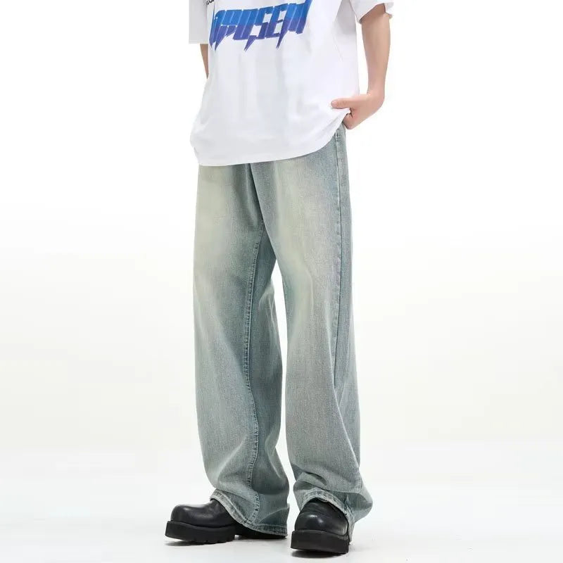 Blue loose-fit retro casual trousers with an elasticated waistband on a mannequin.