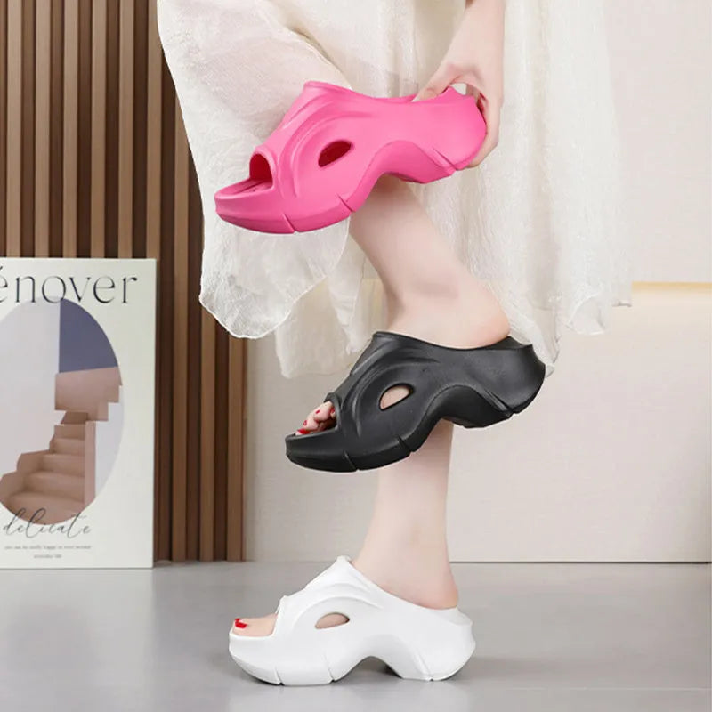 Women's thick-soled EVA outdoor fashion slippers in black, white, and rose red colour options