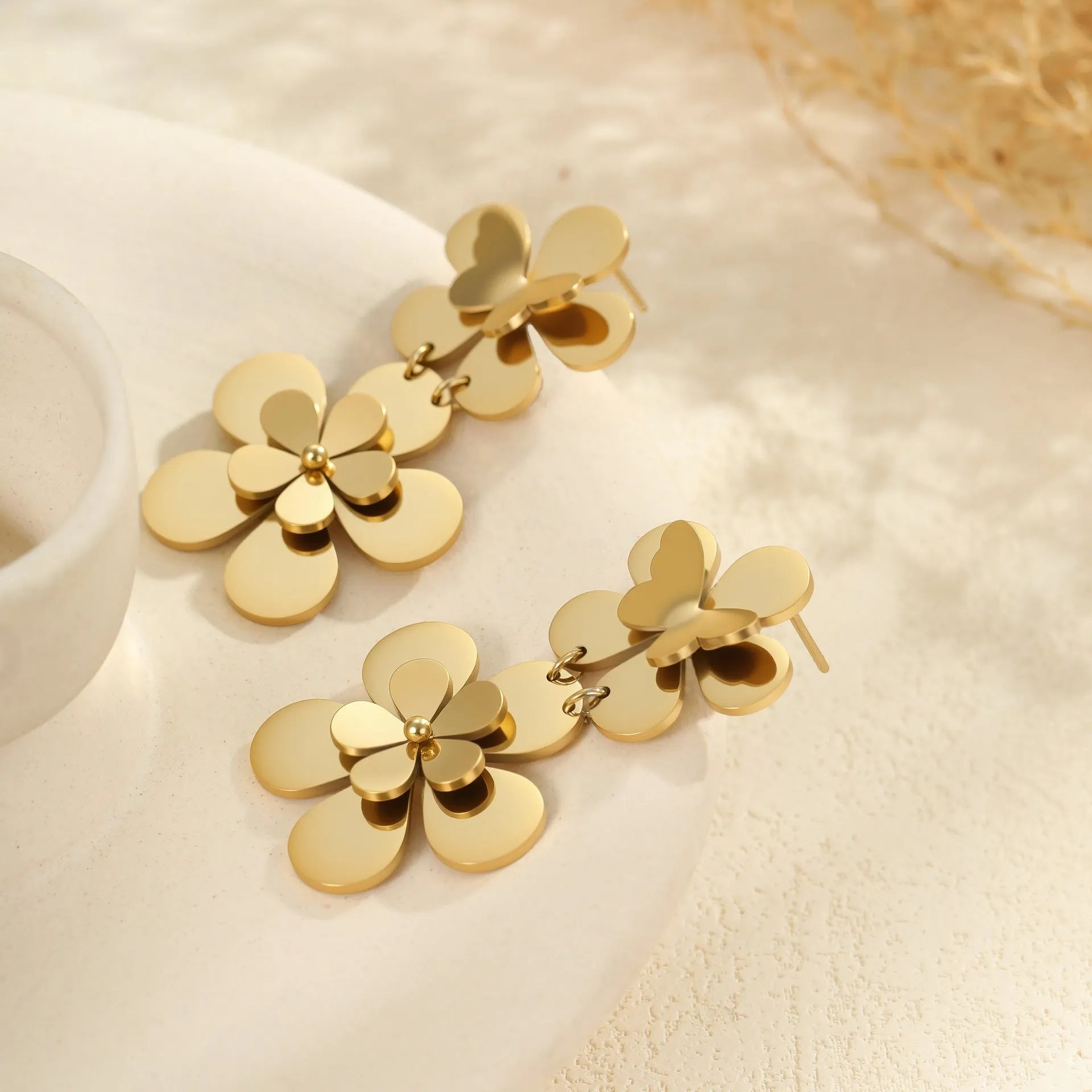 Gold electroplated stainless steel flower butterfly earrings for women