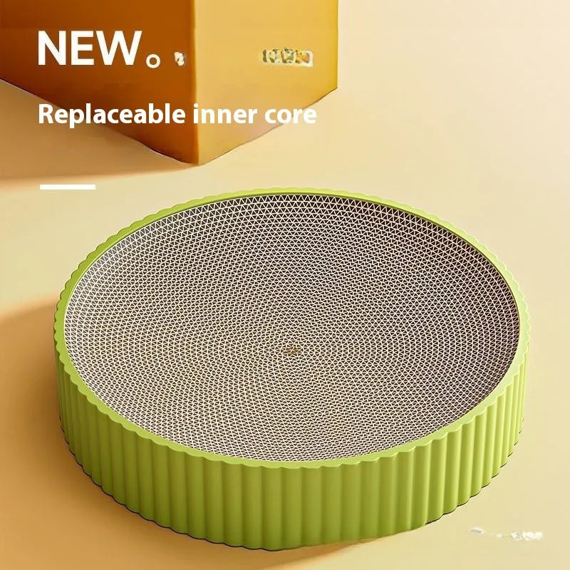 Green round cat scratching board and bed with replaceable corrugated cardboard centre, 55cm diameter