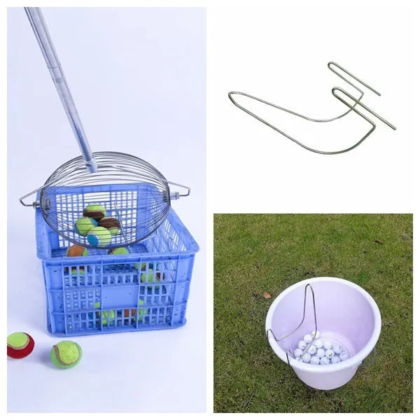 Metallic-coloured stainless steel golf ball picker with magnetic end for trolley attachment