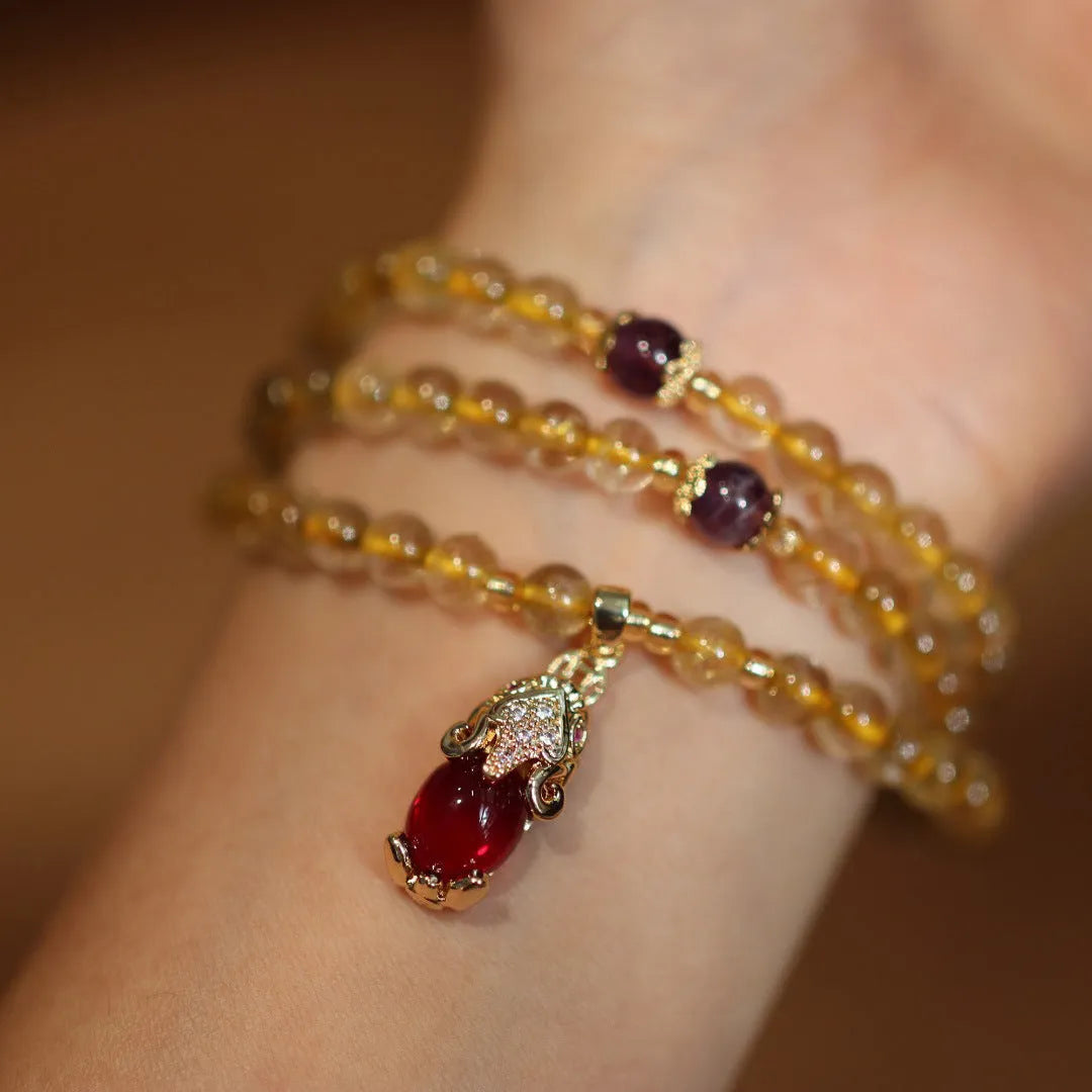 Natural Brazil gold rutilated quartz bracelet with three circles design and Chinese style