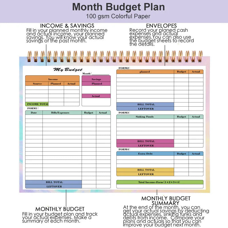 B5 budget tally book with blue PP cover and spiral binding, open on a table.