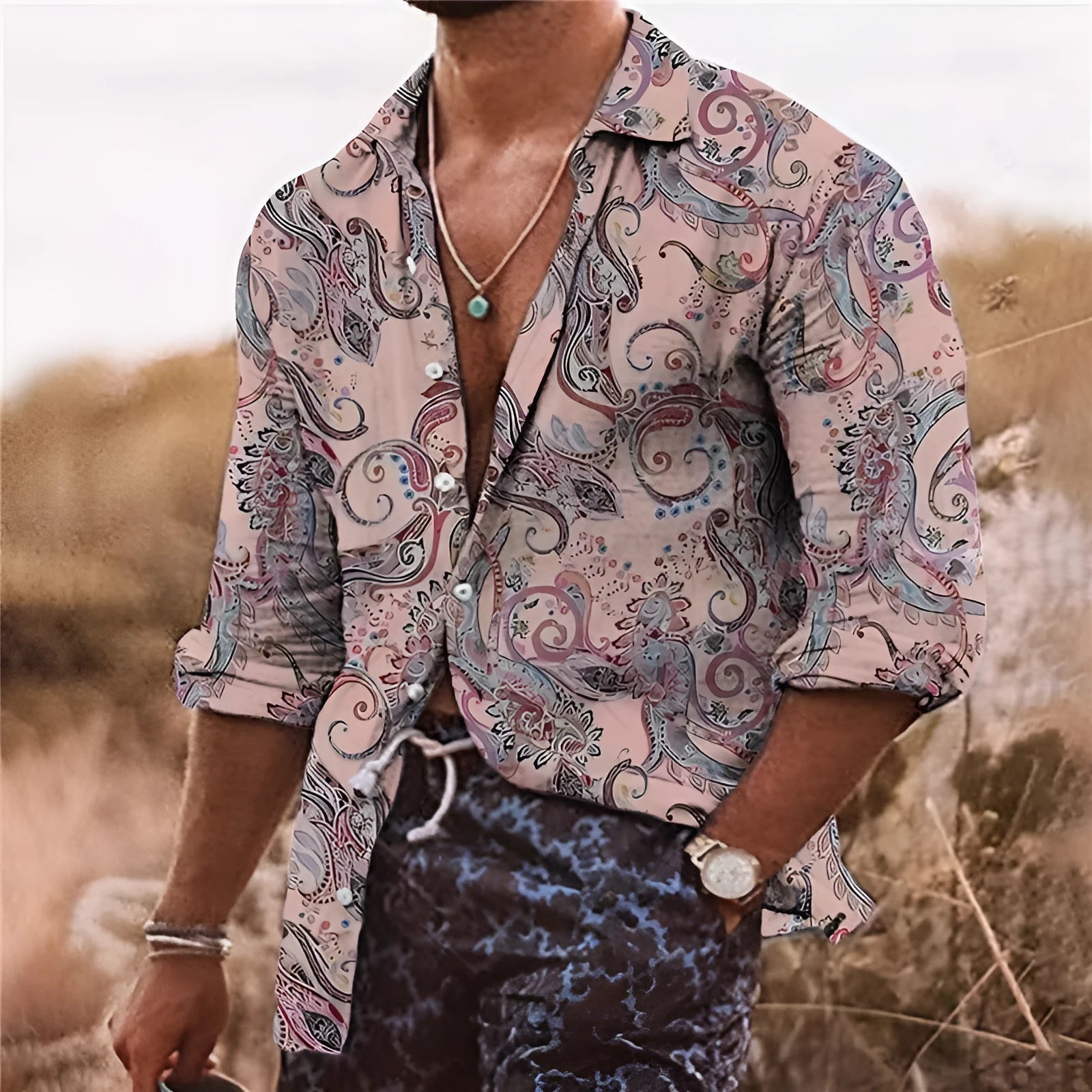 Men's loose fit long sleeve shirt with detailed 3D flower pattern digital printing on polyester fabric