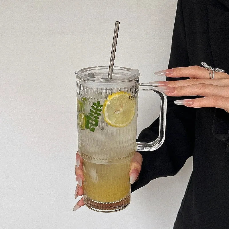 Solid colour 740ml manual blown glass cup with handle and optional straw