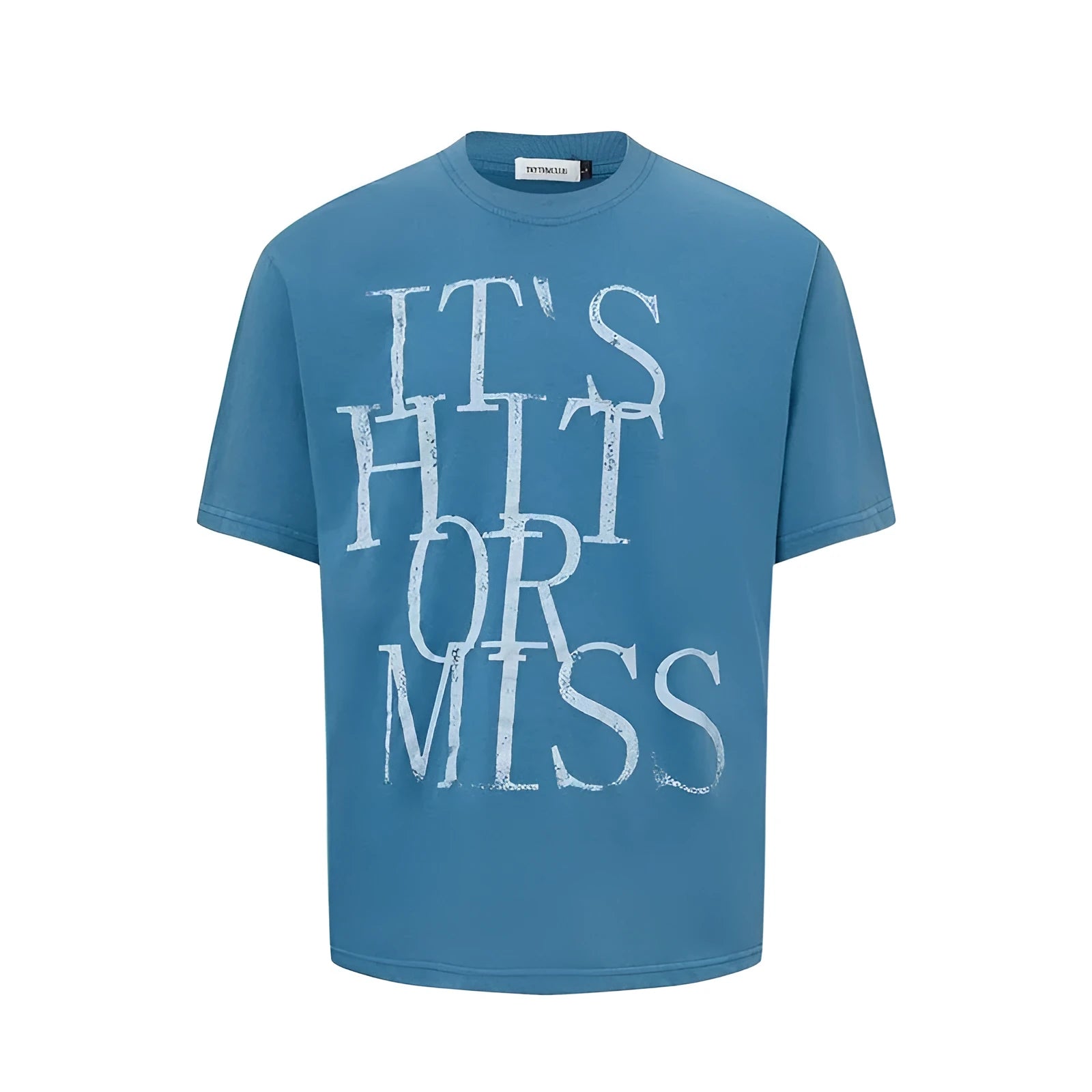 Men's blue American-style letter printed round neck T-shirt, loose fit