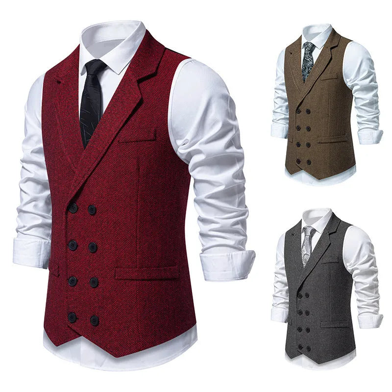 Men's herringbone tweed double breasted slim fit suit vest in dark gray