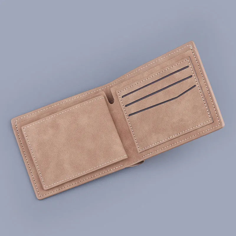 Men's short PU bifold wallet in frosted dark brown contrast colour, 11.5x9.5cm compact size