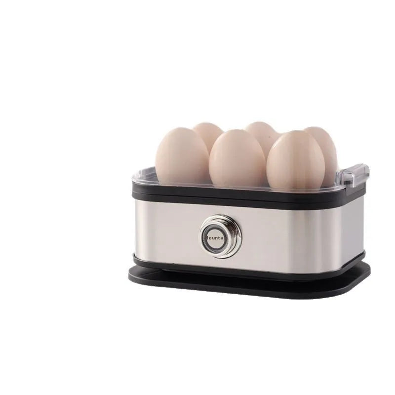 Black portable stainless steel egg boiler with a carrying belt.