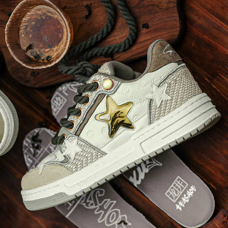 Cowhide leather unisex platform running shoes in West Lake dragon well tea colour with lace-up front.