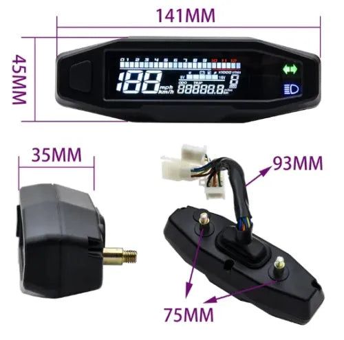 Black motorcycle mini speedometer with LCD display showing oil gauge and instrument readings